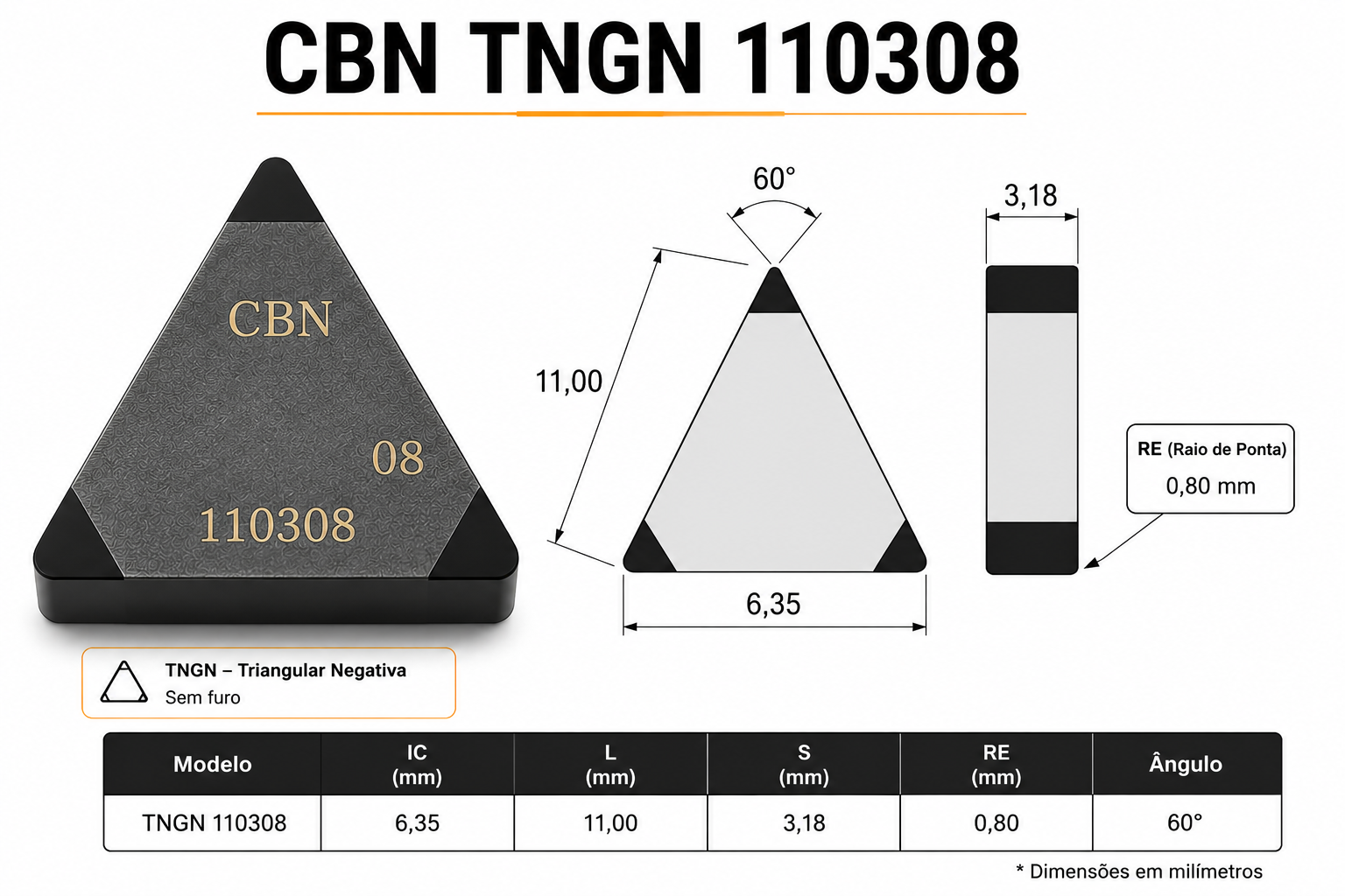 Inserto CBN TNGN 110308 com desenho técnico e dimensões