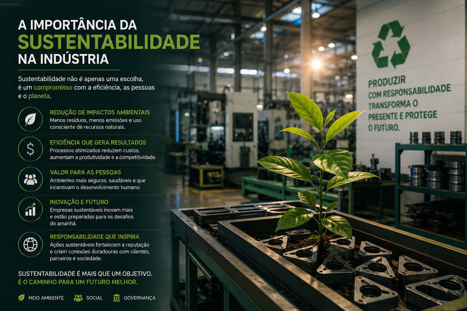 Imagem sobre sustentabilidade na indústria, eficiência, pessoas e responsabilidade ambiental